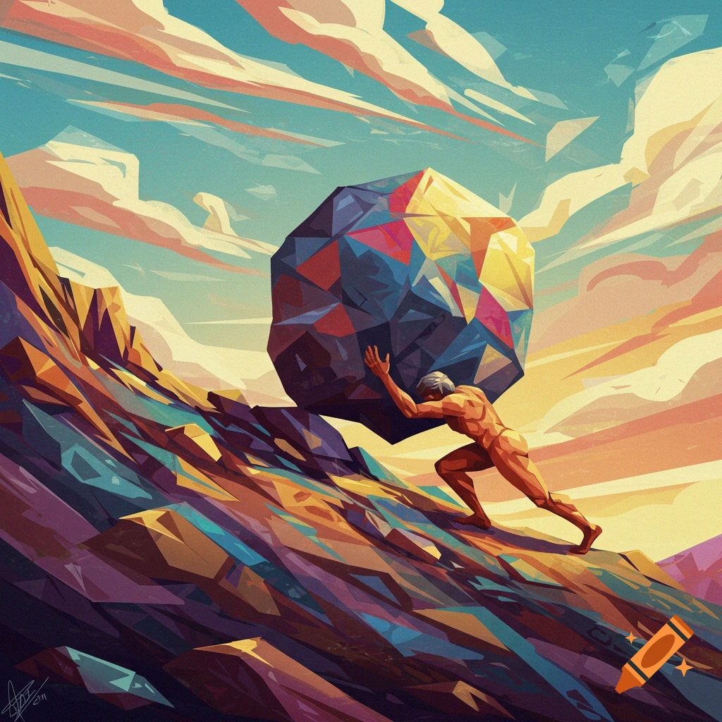 Abstract depiction of Sisyphus pushing a massive geometric boulder up a colorful, jagged hill.