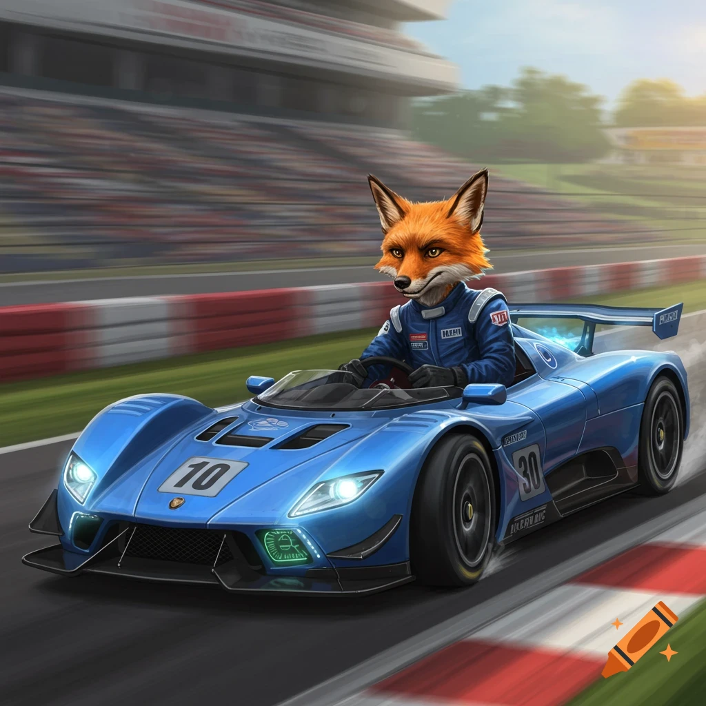 A fox in a racing suit drives a blue race car on a track.