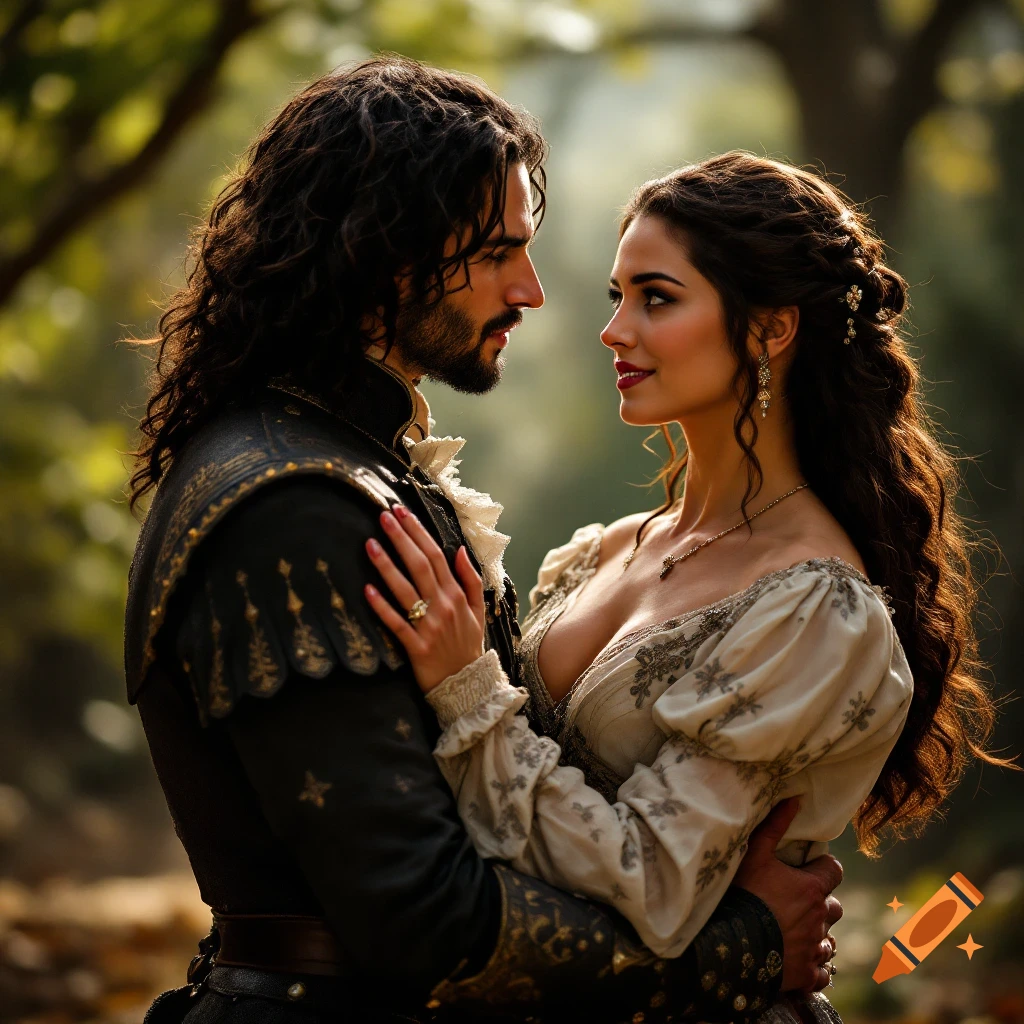 Man and woman in historical clothing embrace in a forest