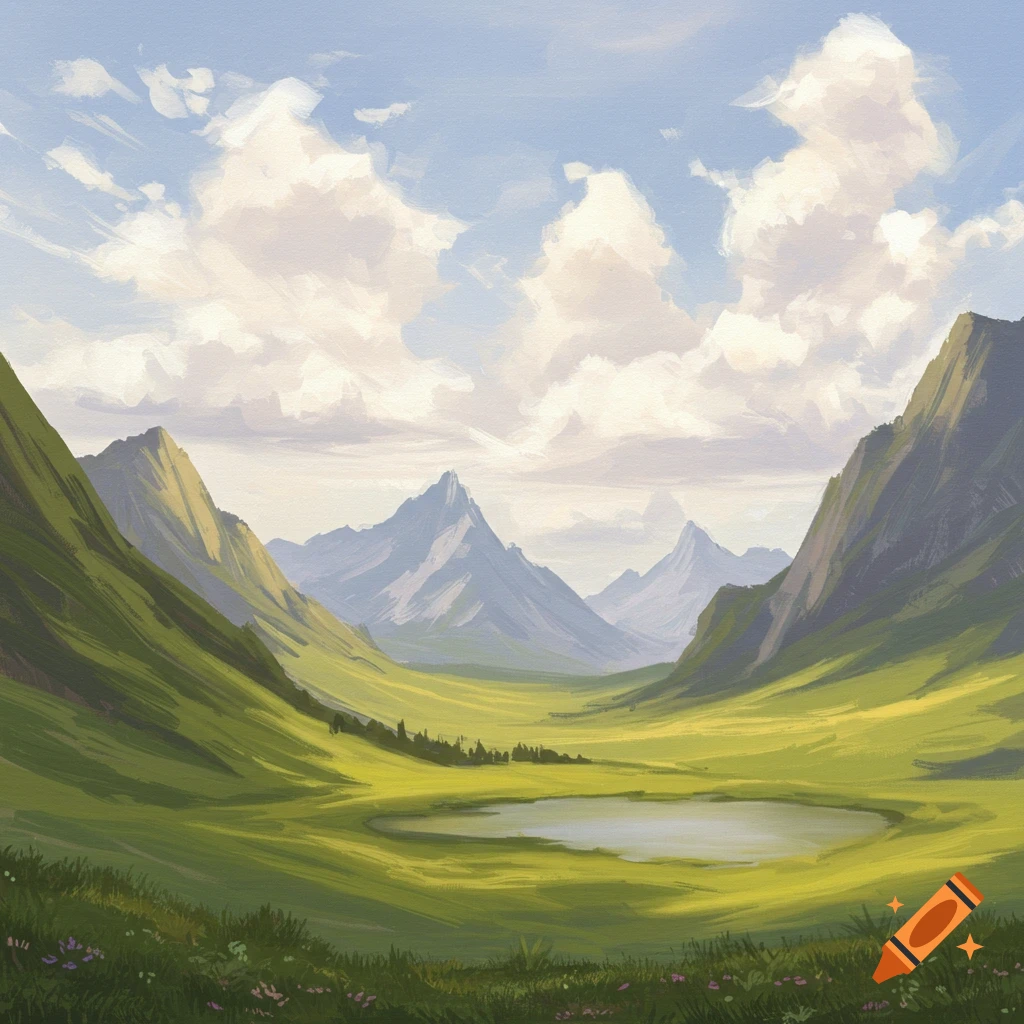 A green mountain valley with a lake under a cloudy sky.