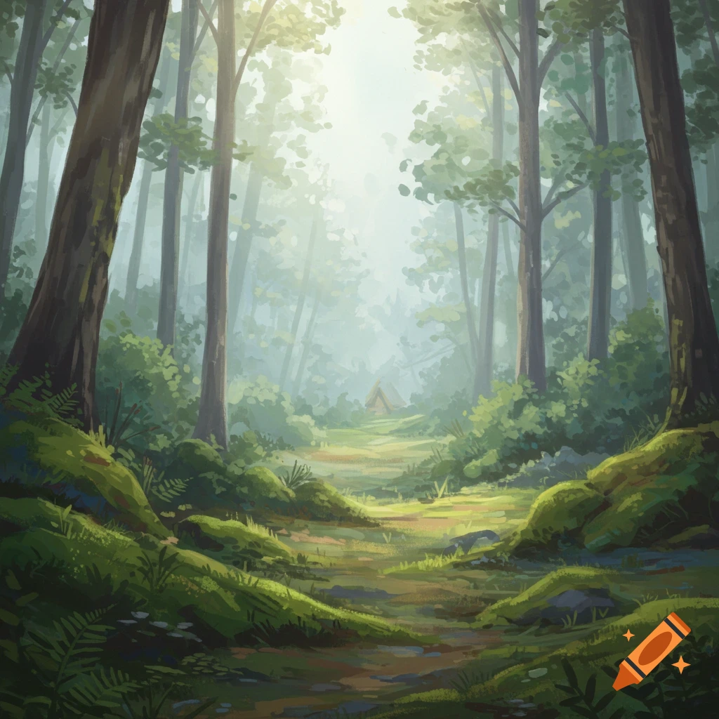 Sunlit forest path winding through mossy rocks towards a small structure in the distance.