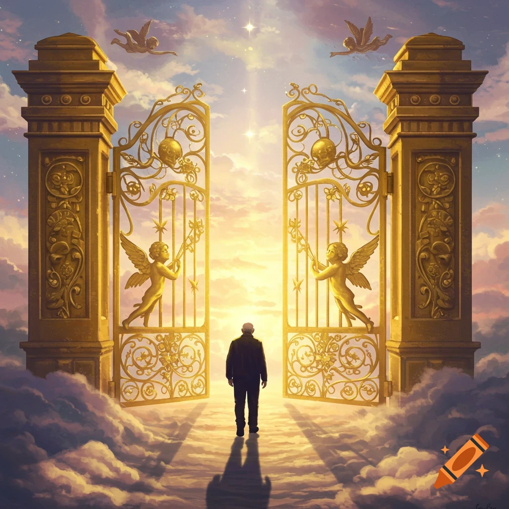 A man walking toward golden gates opening into a bright heavenly sky with clouds and cherubs.