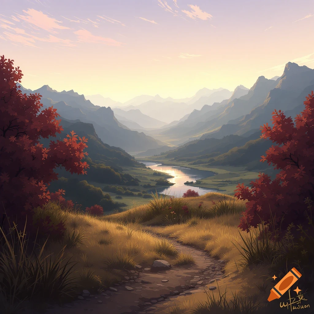 A mountain valley landscape with a river and a path