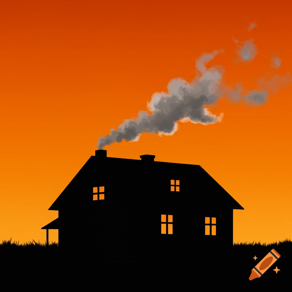 Silhouette of a house with smoke from a chimney against an orange sky.