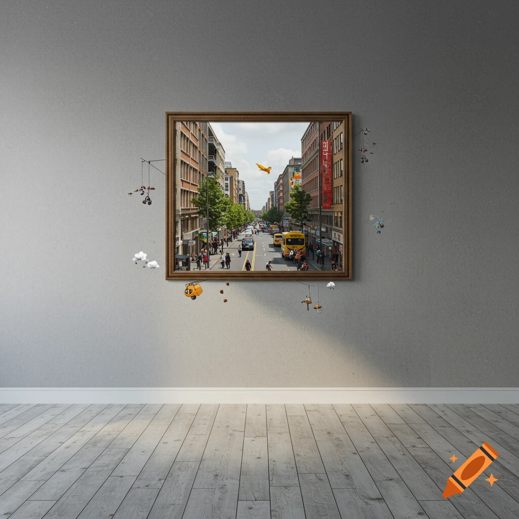 A framed picture of a city street scene spills out into the room, with a bus, people, and objects floating around.