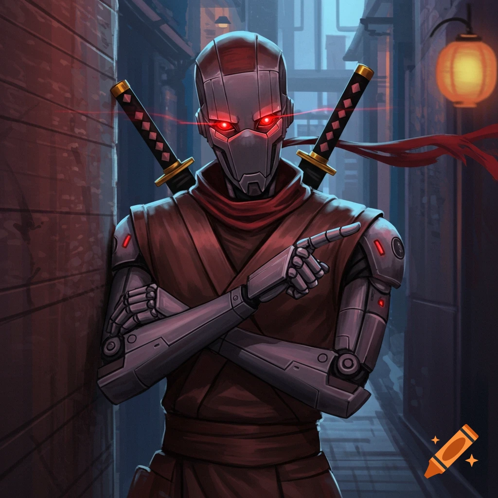 A robot ninja with red eyes and swords points while leaning against a wall in a back alley.