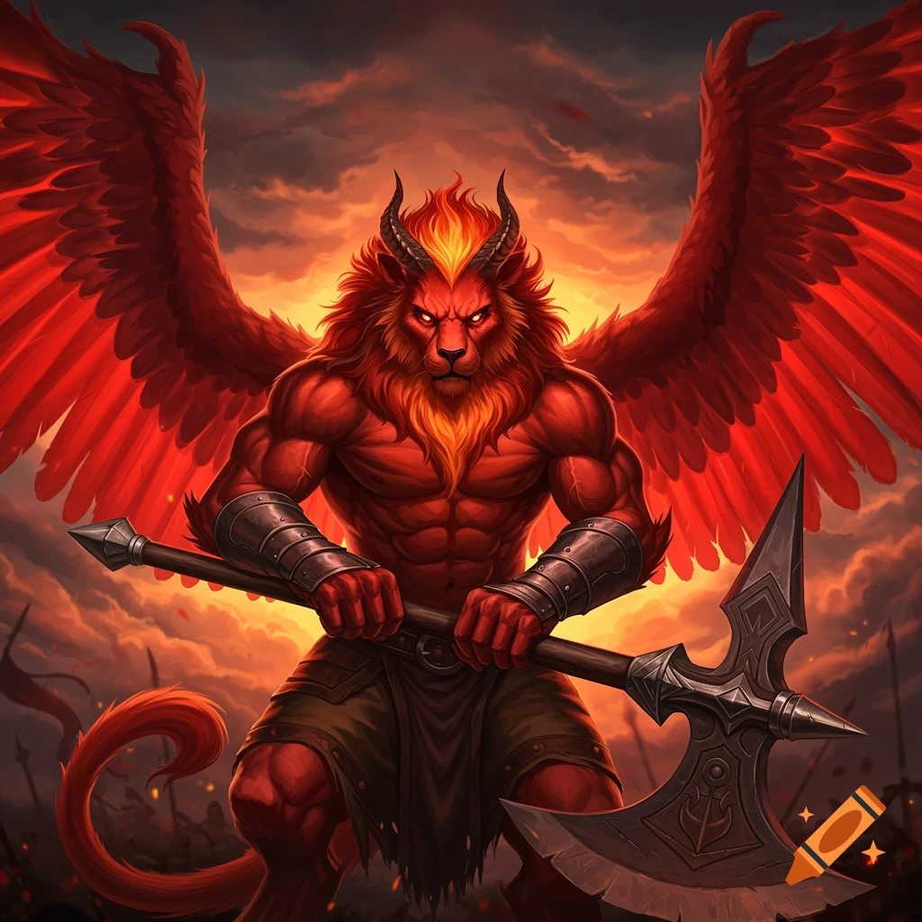 A red leonin with dragon wings holds a battleaxe.
