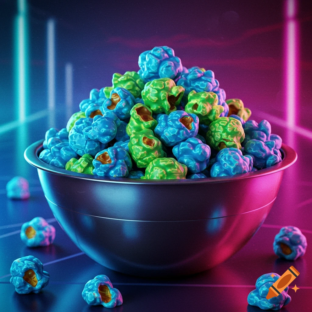 A bowl overflowing with blue and green popcorn, illuminated by blue and pink neon light.