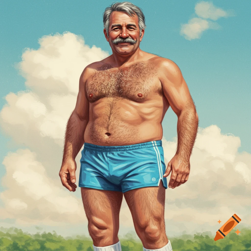 A hairy older man in blue shorts and tube socks outdoors.