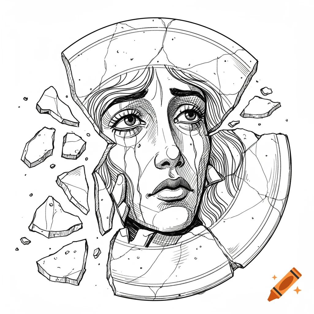 Black and white line drawing of a sad face in a broken plate with shards.