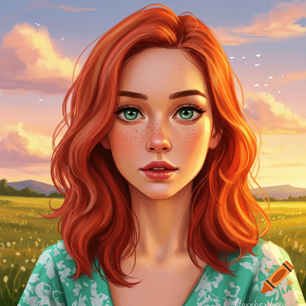 A young woman with red hair and green eyes stands in a field at sunset.