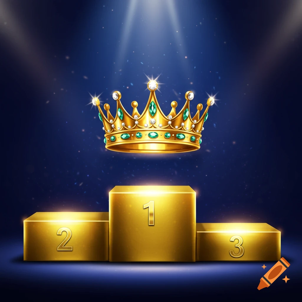A glittering gold crown floats above a gold podium with numbers 1, 2, and 3.
