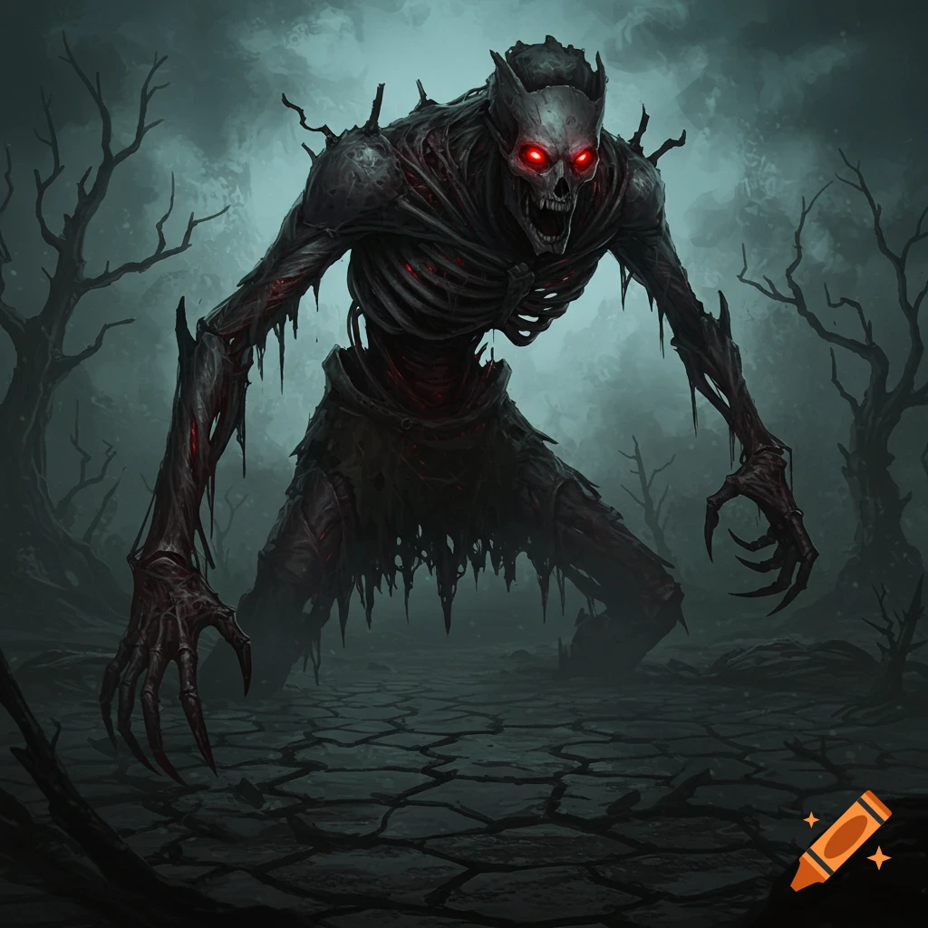 A skeletal fantasy creature with glowing red eyes stands in a cracked, desolate landscape with dead trees.