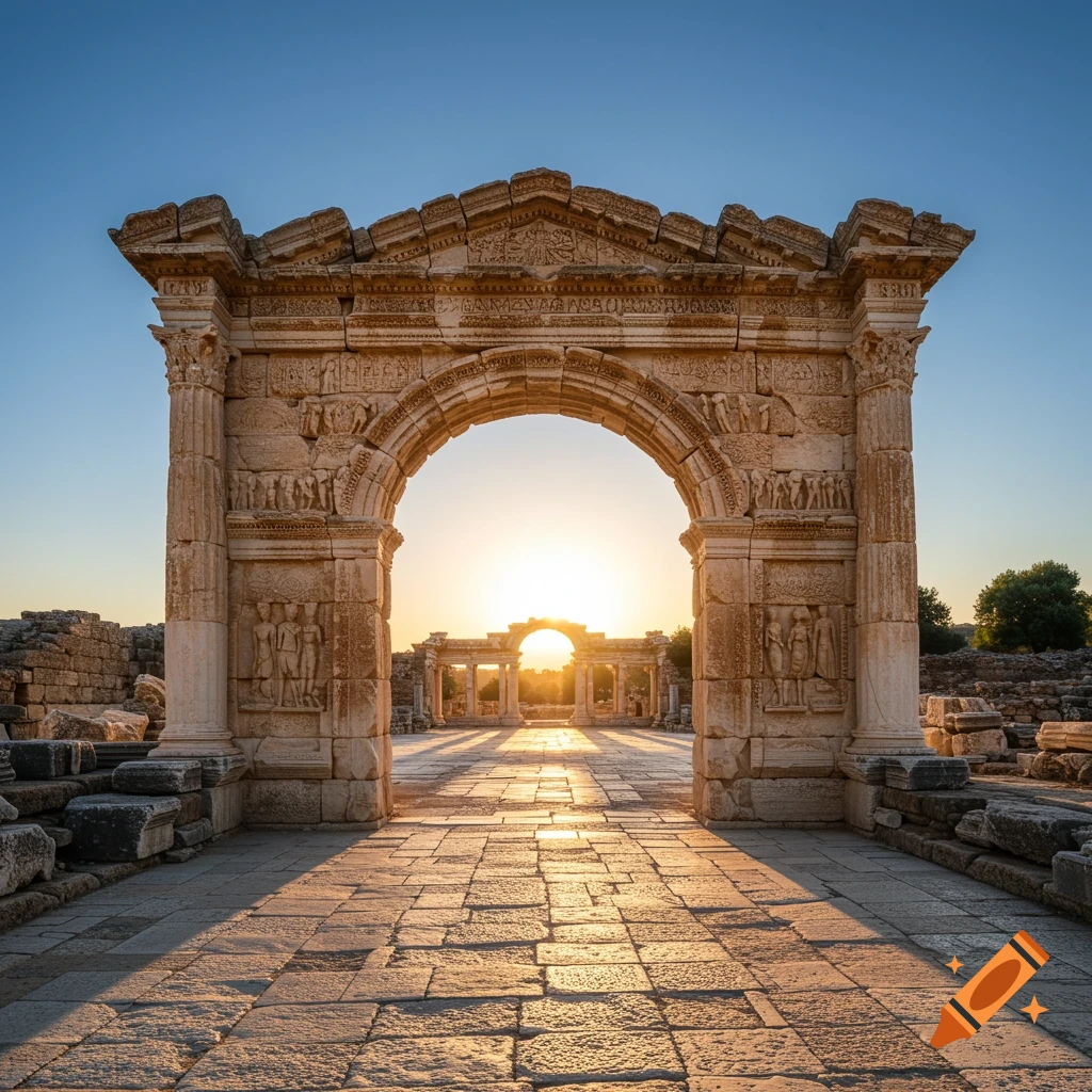 Ancient stone archway at sunset with long shadows
