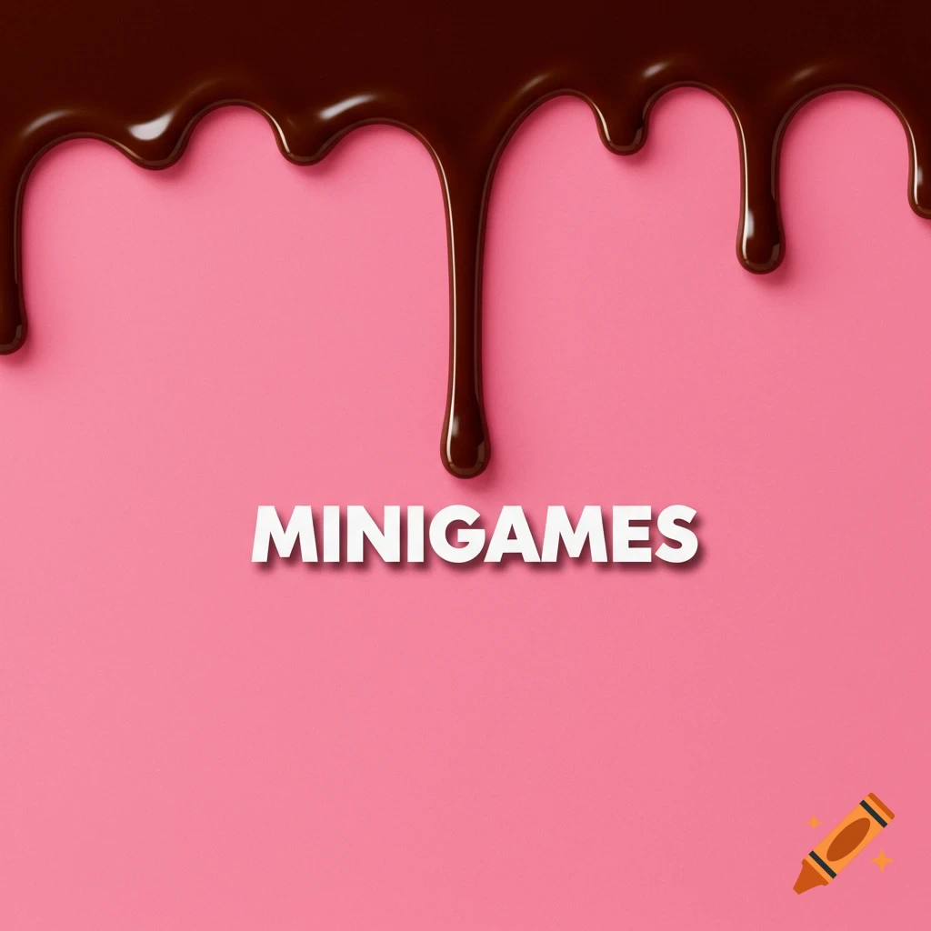Chocolate dripping on a pink background with the text MINIGAMES.