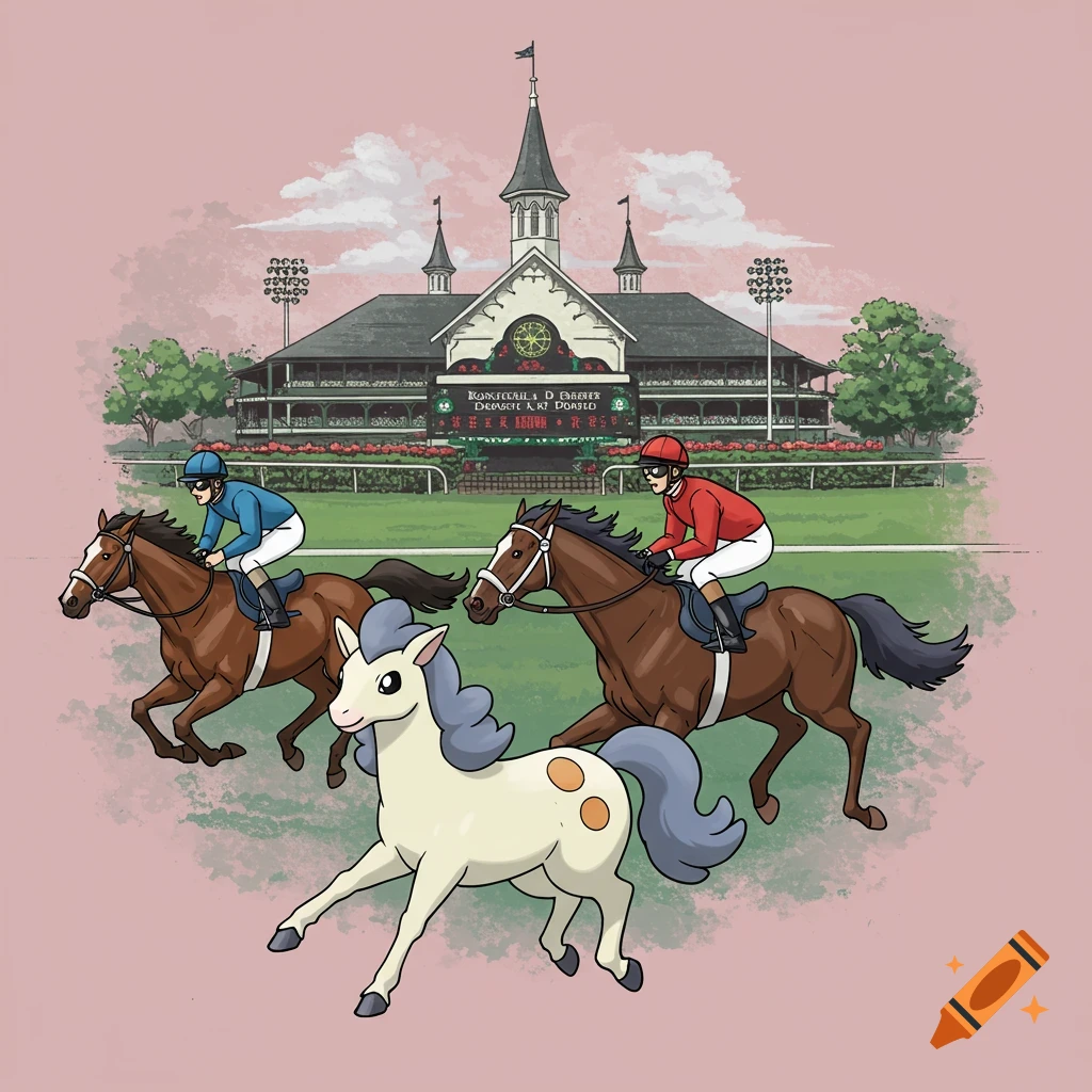 A race with a Ponyta and horses with jockeys in front of a race track building.