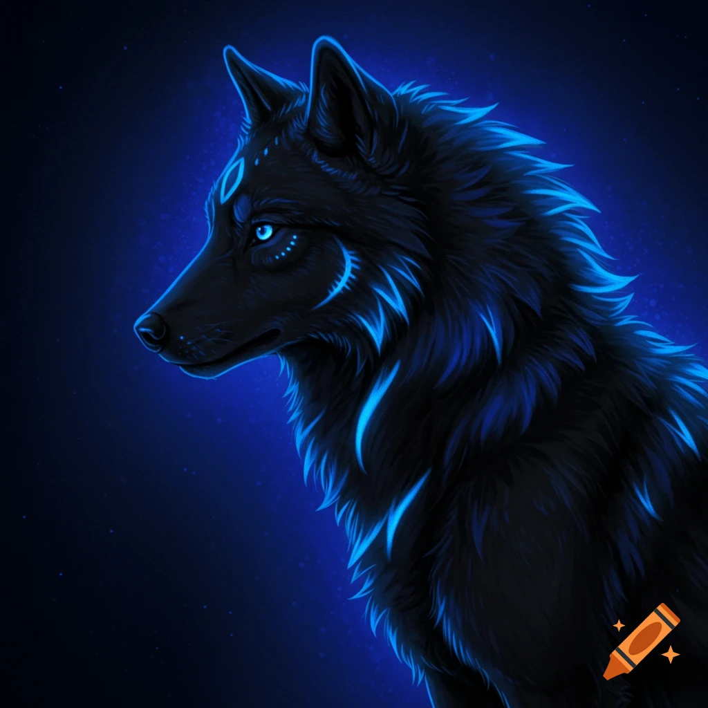 A profile portrait of a black wolf with glowing blue eyes and glowing blue markings on its fur, set against a dark blue background with sparkles.