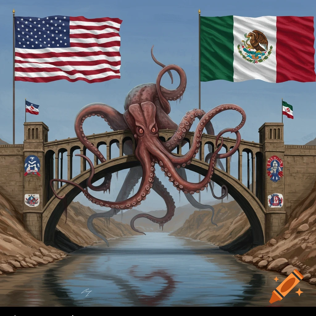 A kraken attacking an arched bridge with US and Mexico flags flying above.