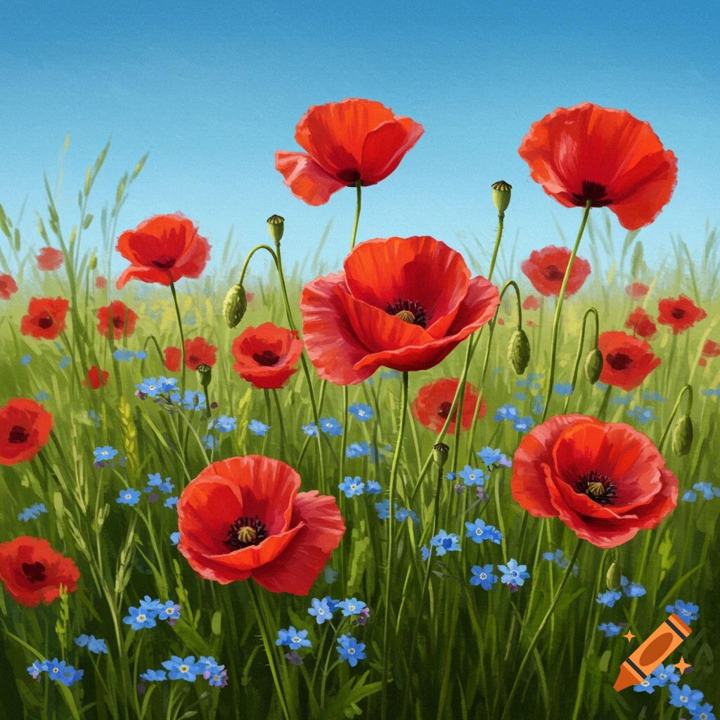 A field with red poppies and blue forget-me-not flowers under a blue sky
