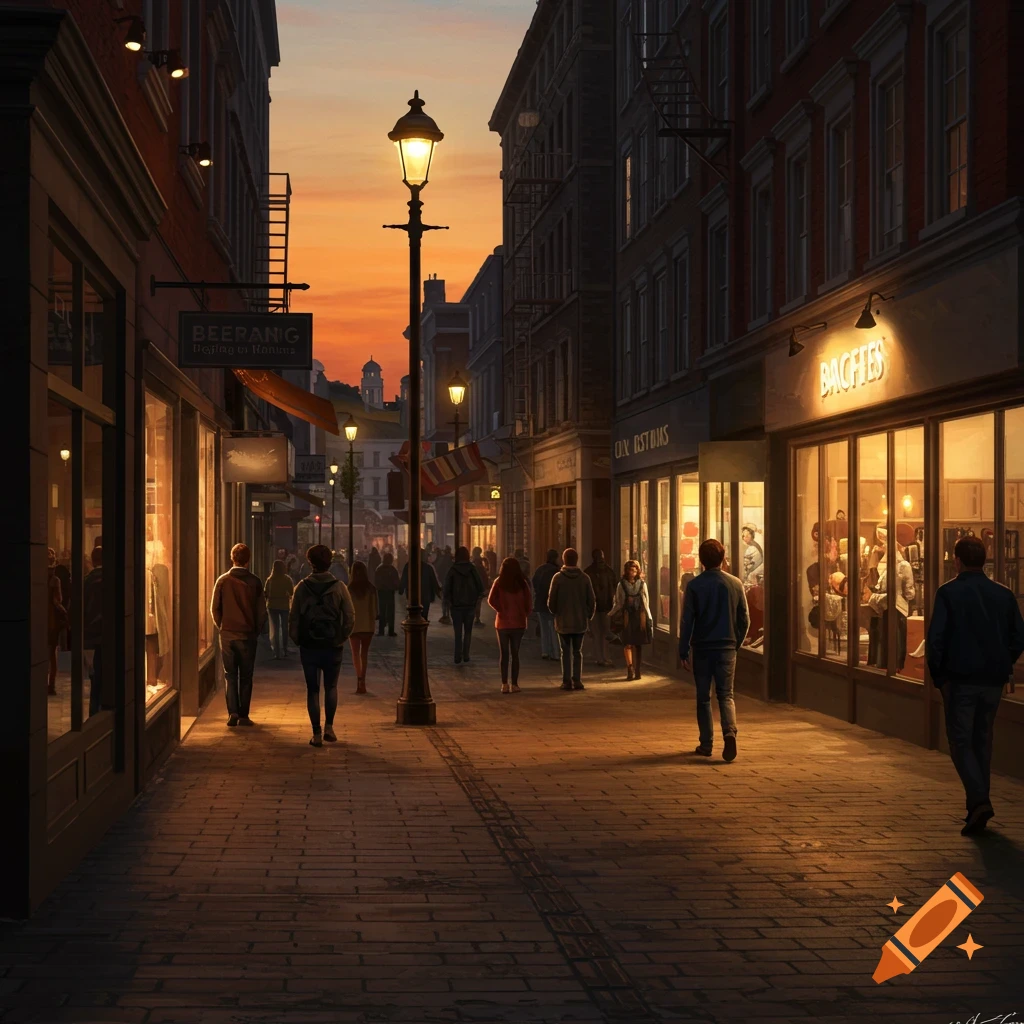 A busy street scene at sunset with people walking past shops.