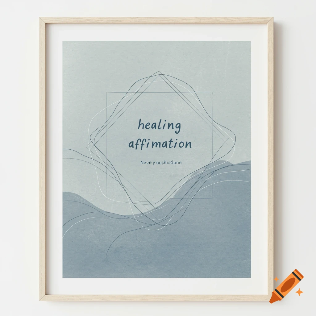 A framed minimalist print with the text healing affirmation above abstract blue wave shapes and line art.