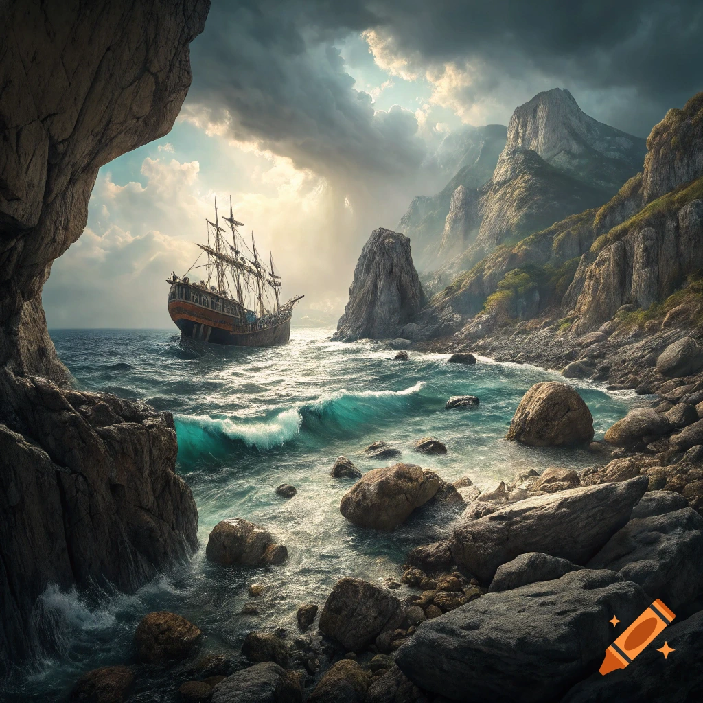A large sailing ship navigates rough waters near a dramatic rocky coast under stormy skies.