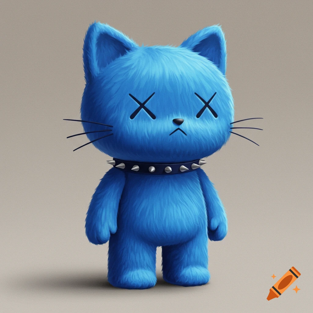 A fluffy blue cat designer toy with cross eyes and a spiked collar.