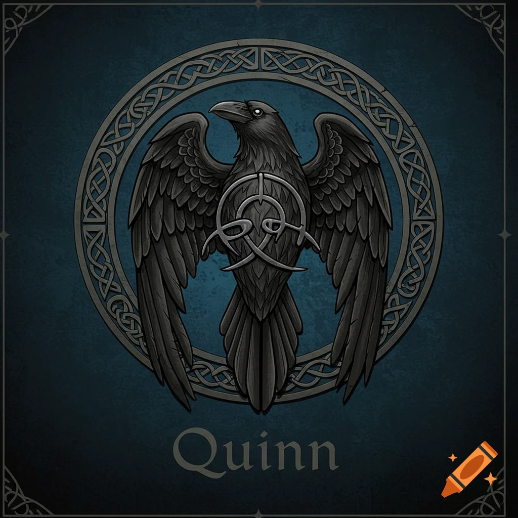 A black raven with a knotwork circle behind it and the name Quinn below, in a family crest style.