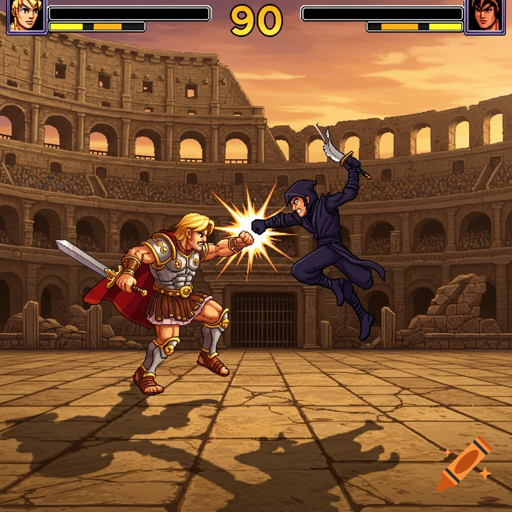 Pixel art fighting game scene of a warrior fighting a ninja in a Roman colosseum.