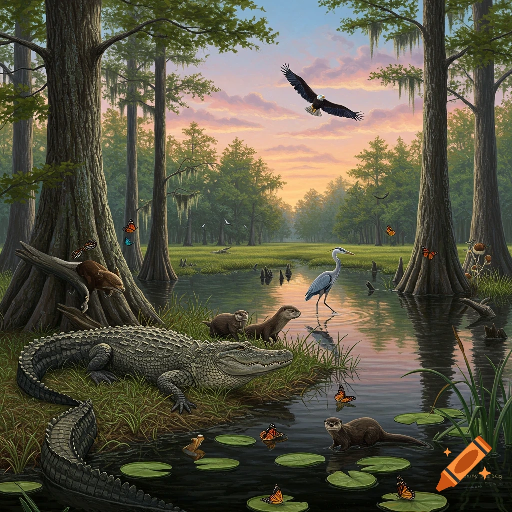 An alligator, otters, heron, and eagle are among cypress trees in a swamp at sunset.