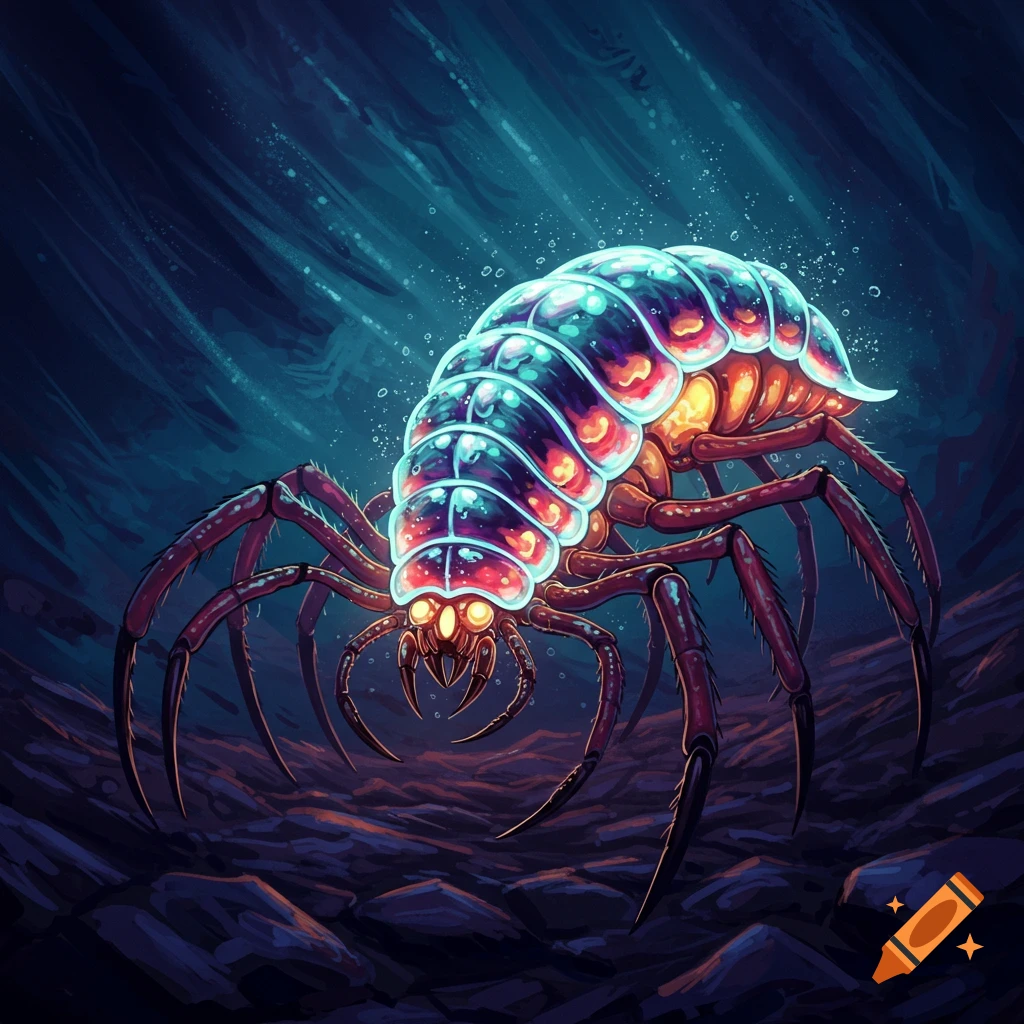 A glowing multi-legged invertebrate creature on a dark, rocky underwater floor.