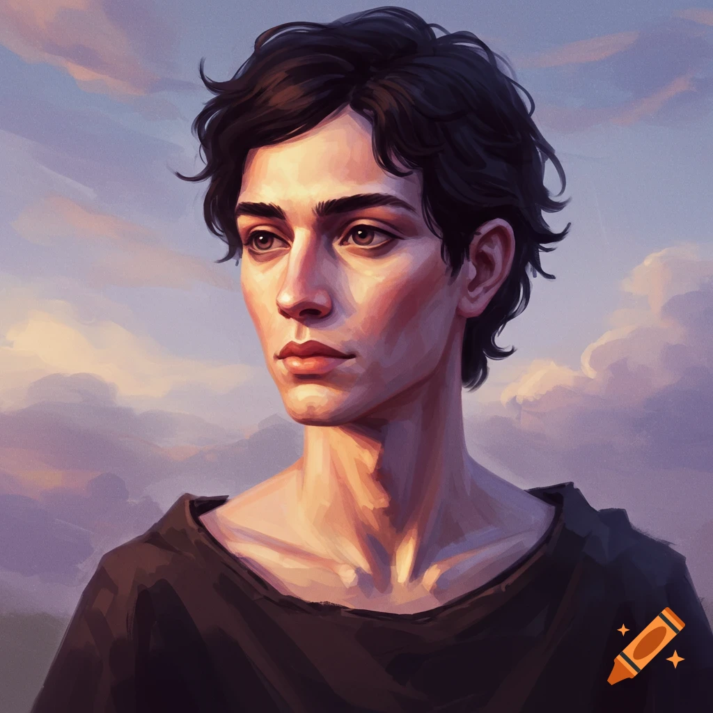 A young man looks left against a cloudy sky.