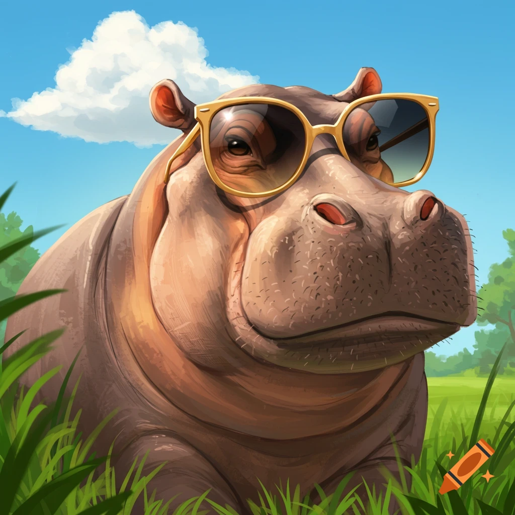 A hippo wearing sunglasses sits in tall green grass under a blue sky with clouds.