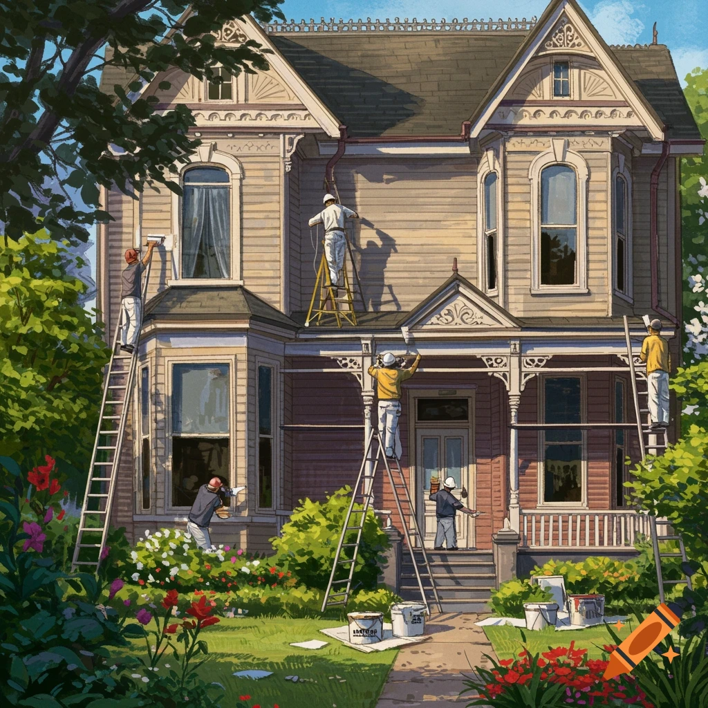 Image of painters working on a large Victorian-era house surrounded by a garden.