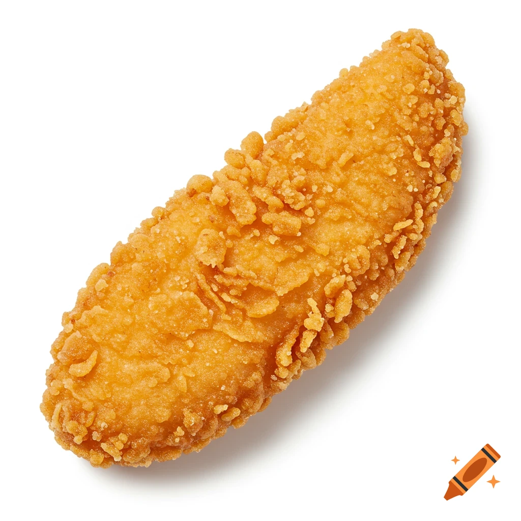 Close-up of a crispy fried chicken tender on a white background.