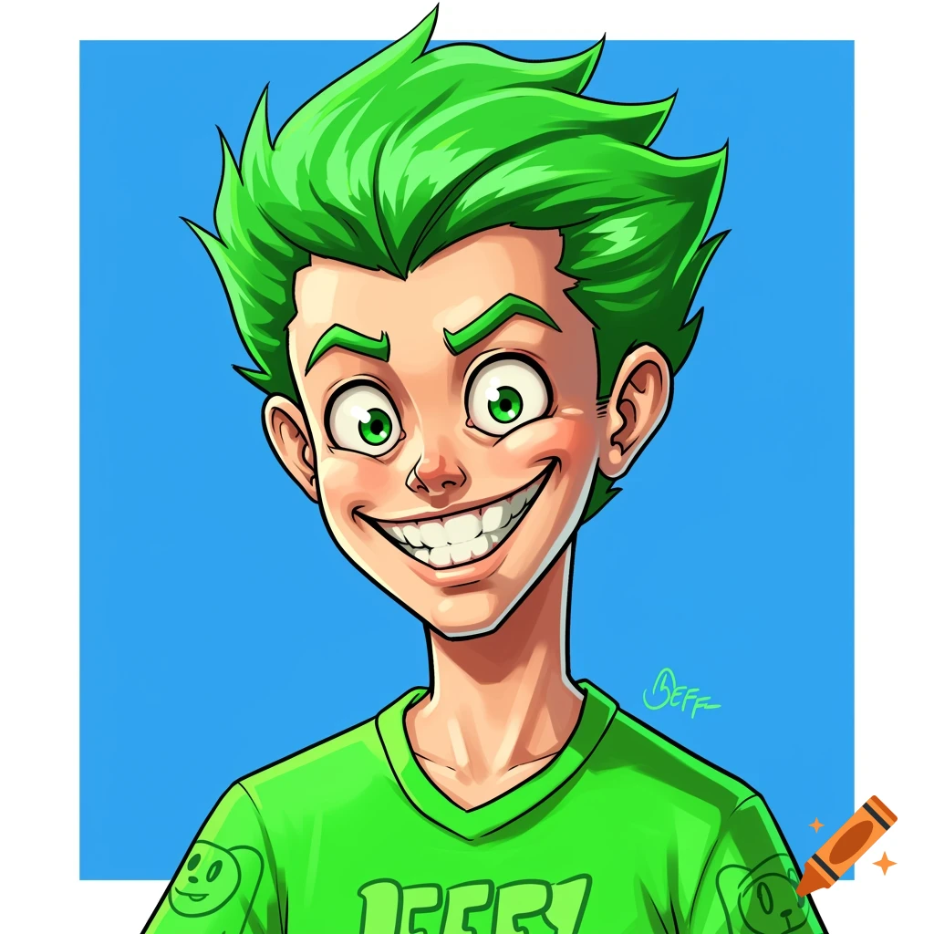 A cartoon character named Jeffy with bright green hair and a wide smile wears a green shirt.