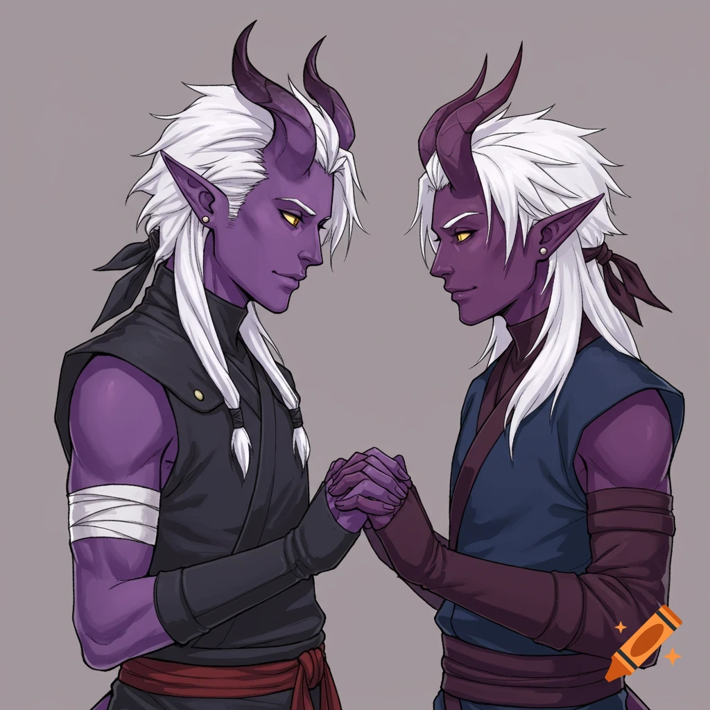 Two purple-skinned tiefling characters with white hair and horns holding hands, drawn in anime style.