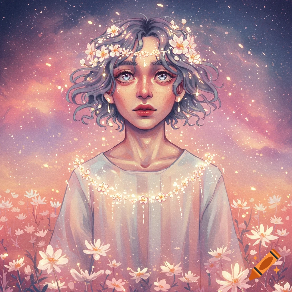 A person with flowers in their hair and around their neck, standing in a field of flowers under a starry sky.