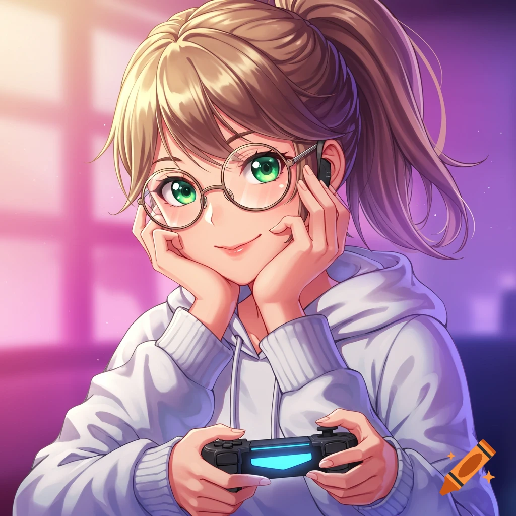 Anime portrait of a girl with glasses and a ponytail playing a video game.