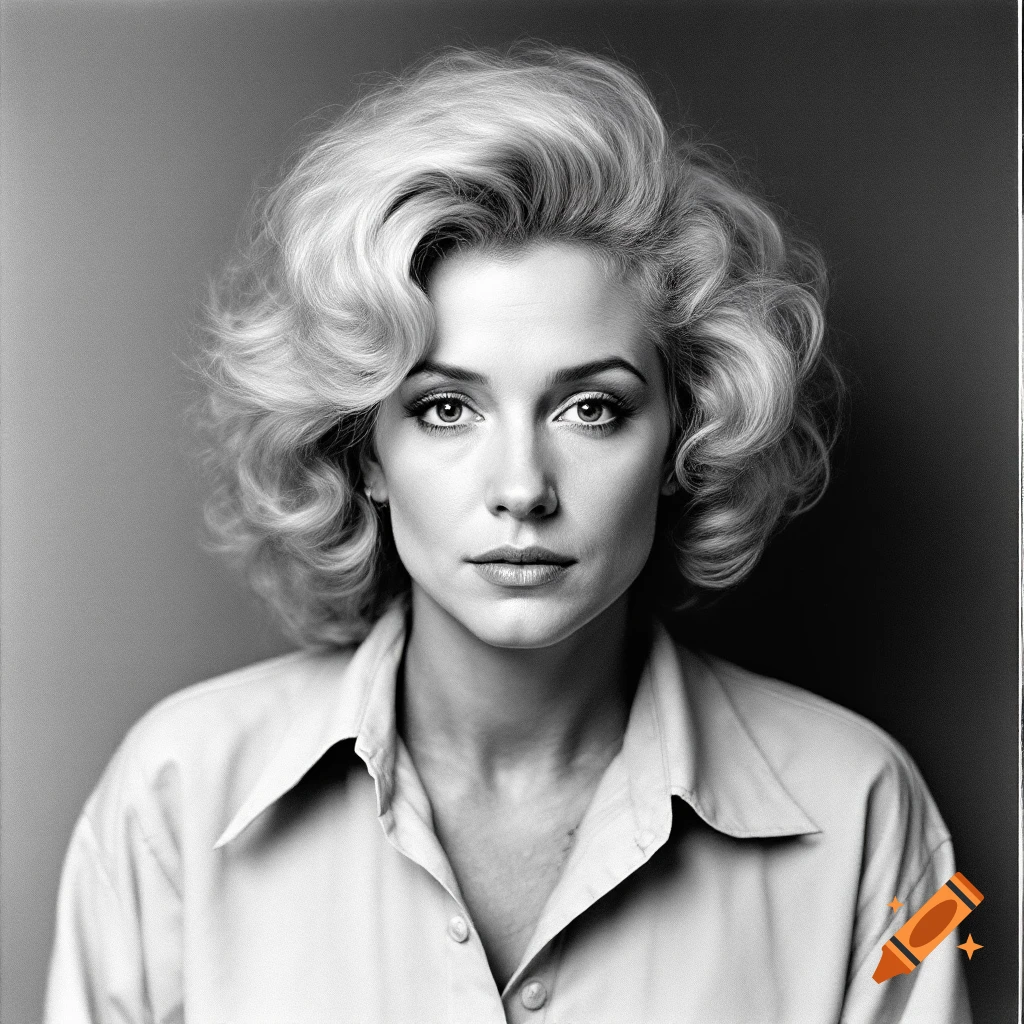 Black and white portrait of a woman with blonde curls resembling Marilyn Monroe looking at the camera.