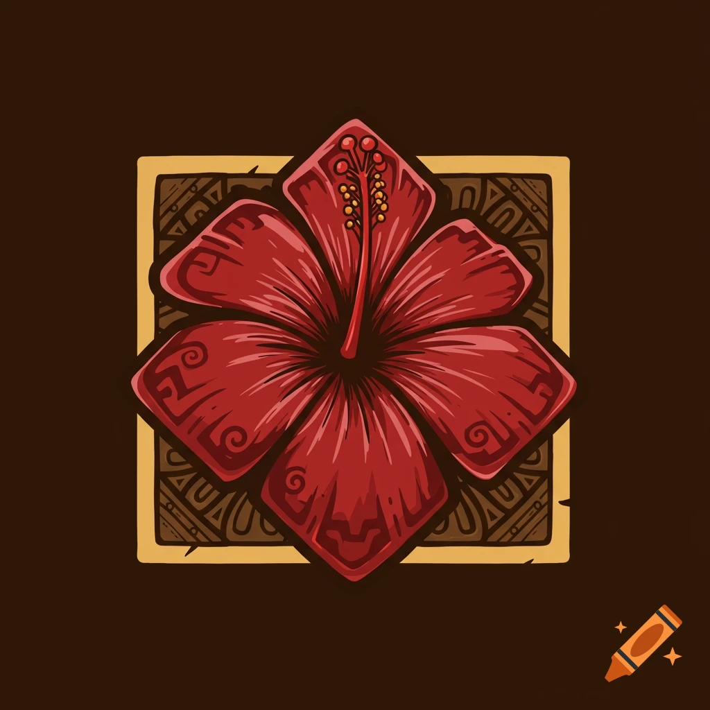 Stylized red hibiscus logo with tiki and Mayan patterns.