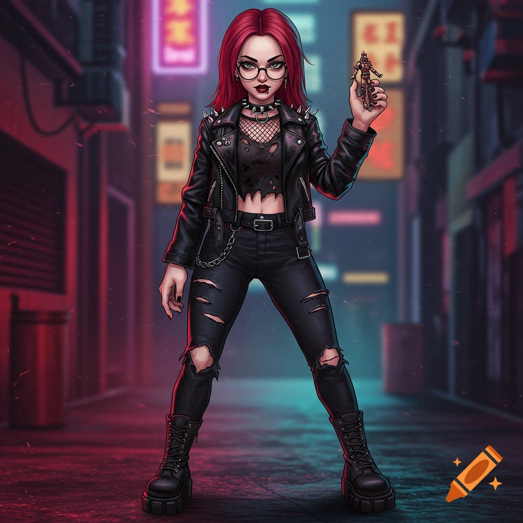 A red-haired goth woman in a leather jacket, ripped jeans, and boots holds an action figure in a cyberpunk city street.