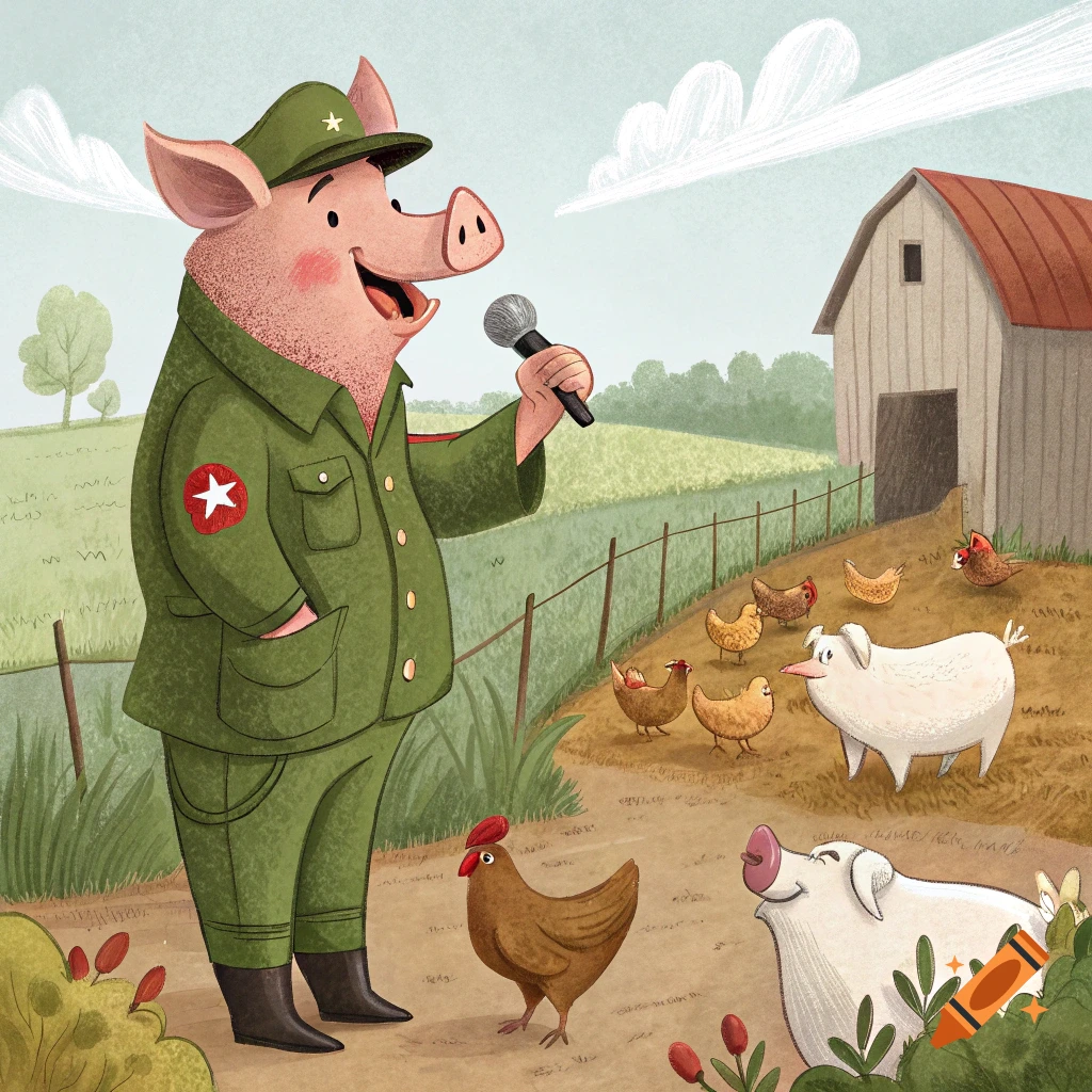 Illustration of a pig in a green military uniform holding a microphone and giving a speech to other animals on a farm.