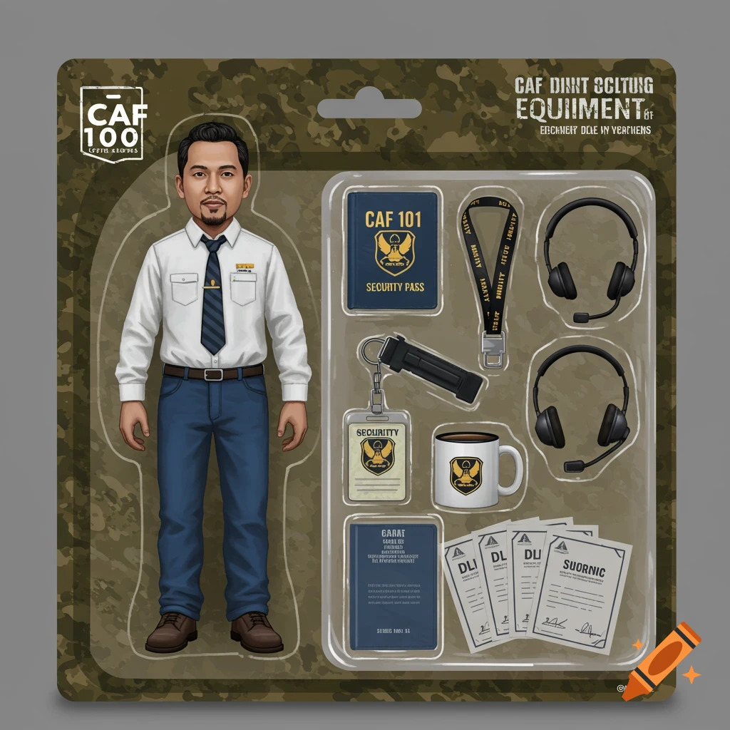 Action figure blister pack of a man in a white shirt and jeans, with various security-themed equipment like a headset, security pass, and mug.