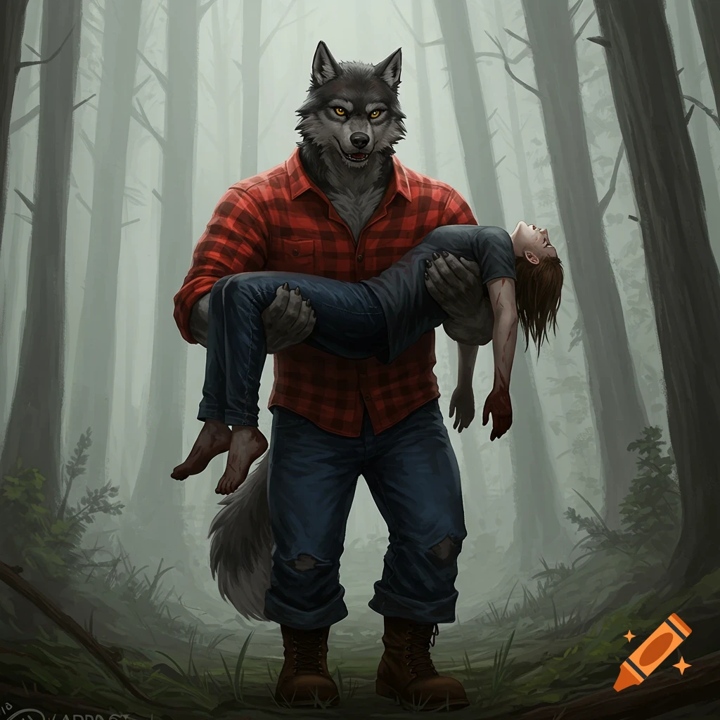 A muscular werewolf in a lumberjack shirt carries an unconscious person through a misty forest.