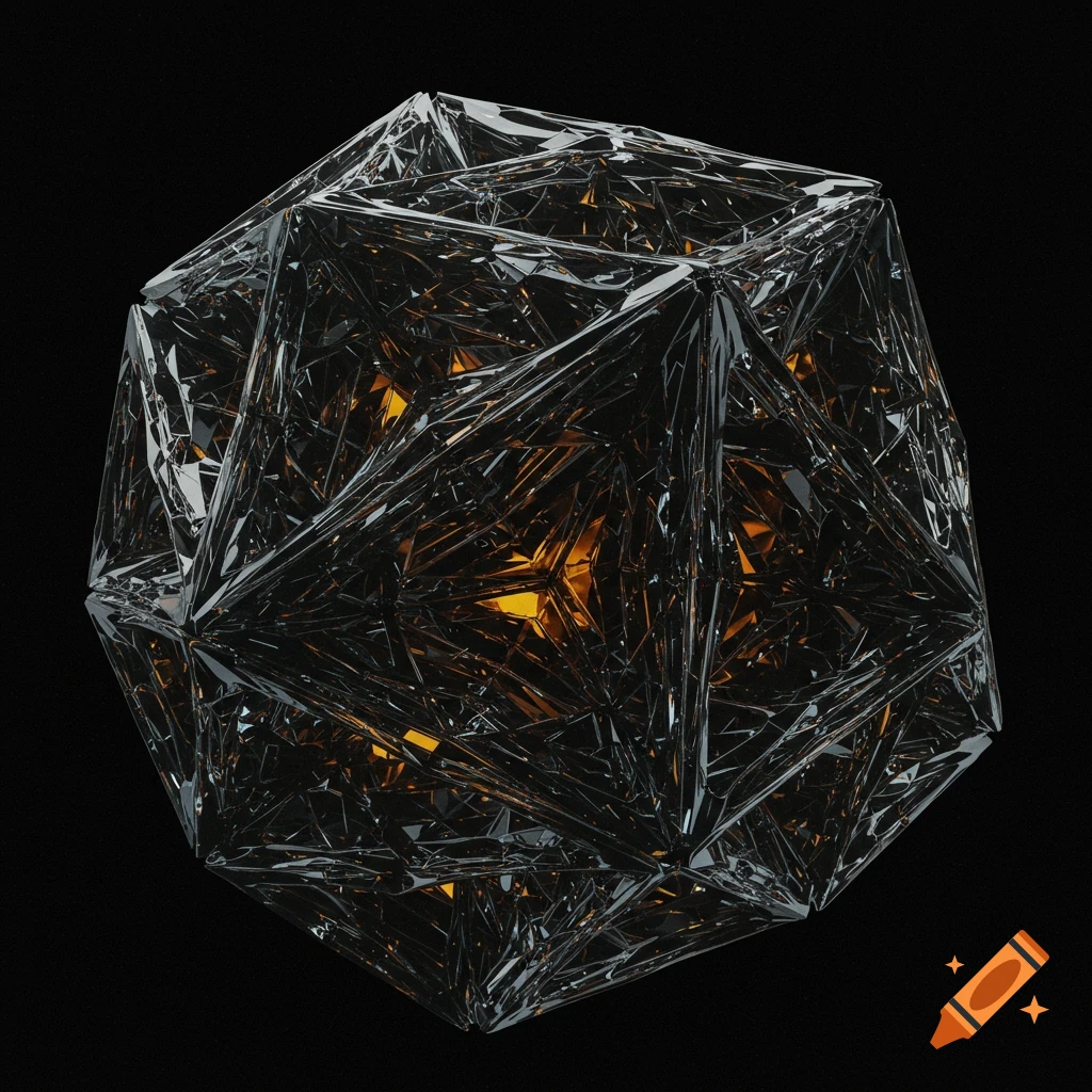Abstract geometric object with reflective surfaces and internal orange light