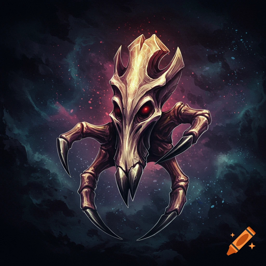 A creature with a skeletal mask, red eyes, and clawed limbs against a nebula background.