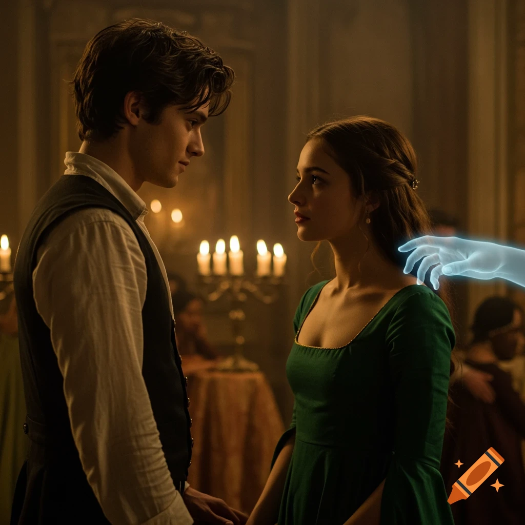 A man and woman gaze at each other in a candlelit ballroom, a glowing blue hand touching her shoulder. Photorealistic.
