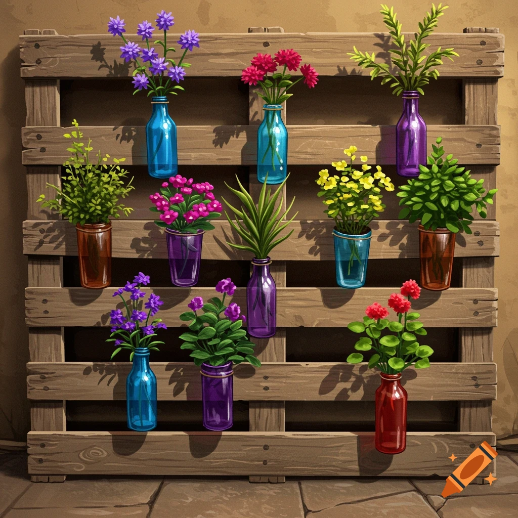 Colorful flowers in blue, purple, and red bottles displayed on a wooden pallet.