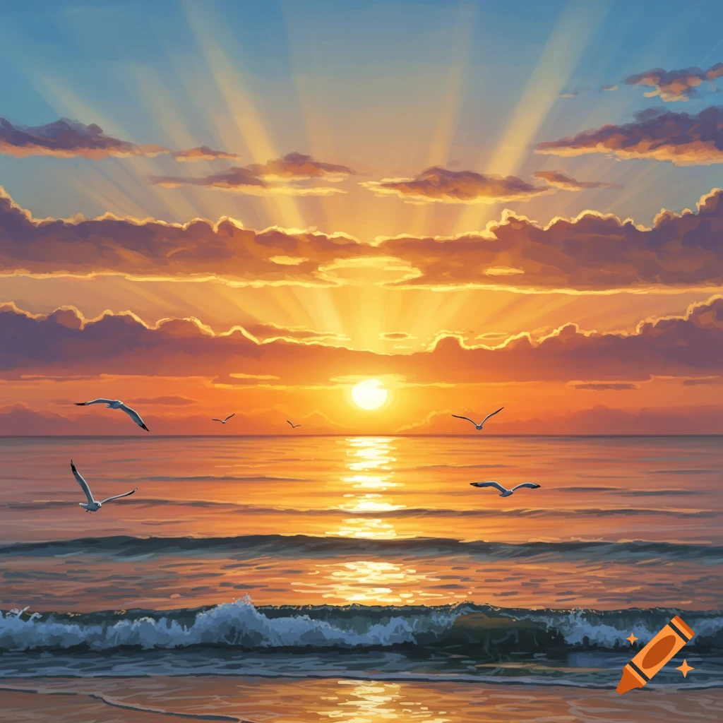 A vibrant sunrise over the ocean with seagulls flying.